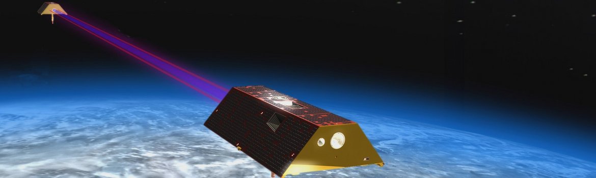 Rendering of two satellites, with a colored line in between, orbiting the earth.