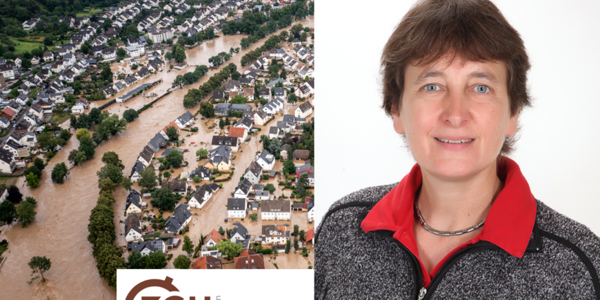 left image flood at the Ahrtal: image from above, several houses are flooded; left image:: Heidi Kreibich;