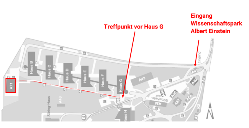 Wegeplan Telegrafenberg Potsdam: Markiert sind das Gebäude A71 (GeoBioLab), der Treffpunkt vor Haus H und der Eingang zum Gelände.