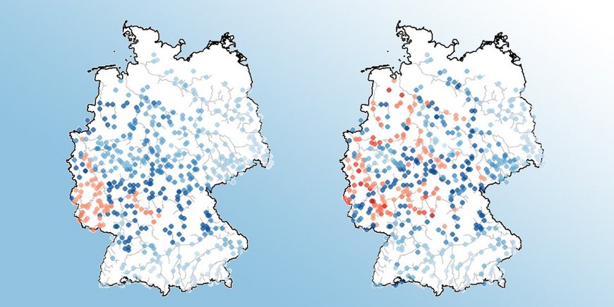 Two maps of Germany with dots coloured in different shades of blue and red. They mark flood events.