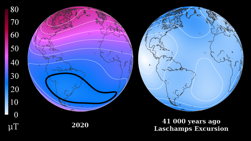 Vergleich der geomagnetischen Feldstärke zwischen heute und während der Laschamp-Excursion