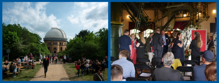 Left: People sit at beer tables and eat. All around is the green Telegrafenberg. Right: People sitting in a historic domed room with a huge astronomical telescope in the background.