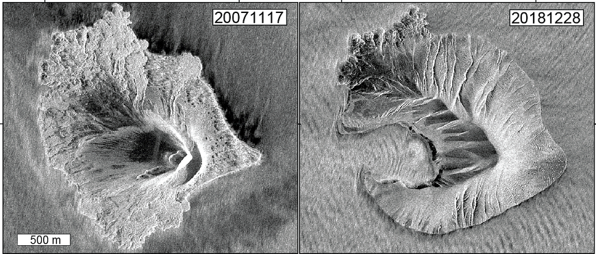 Satellitenbilder zeigen Vorläufer und Veränderungen im Zusammenhang mit dem Einsturz des Sektors Anak Krakatau und dem Tsunami.