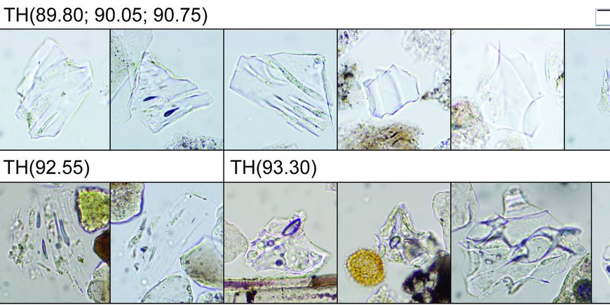 Gläsermorphologie verschiedener Tephrahorizonte (TH) aus dem ICDP-Kern des Toten Meeres ca. 11-15 ka