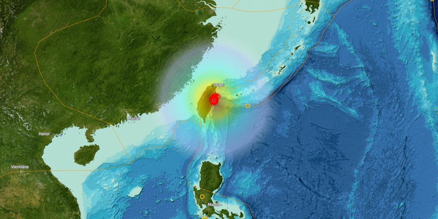 Colored representation of earthquake intensity on a map of the Taiwan region.