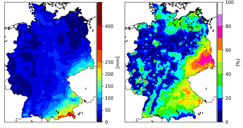 Two maps of Germany, coloured by region. The colour spectrum ranges from blue (= a lot) to green and yellow to red/purple (= a little). Left: Precipitation totals - lots of blue, other colours only in the extreme south-east. Right: Proportion of precipitation seeping into the ground. Green-yellow-red in the south-east.