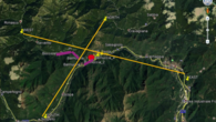 Seismische Profile (orange Linien) in der Balmuccia Region. Die Lokation der geplanten Bohrung ist der rote Punkt. Die drei kurzen lila Linien sind frühere kurze seismische Linien.