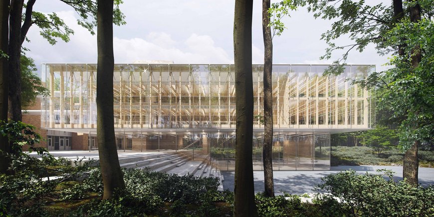 Fotorealistische Darstellung des neuen Gebäudes – Ansicht der Front: Ein gläsernes Gebäude mit EG und 2 Etagen.