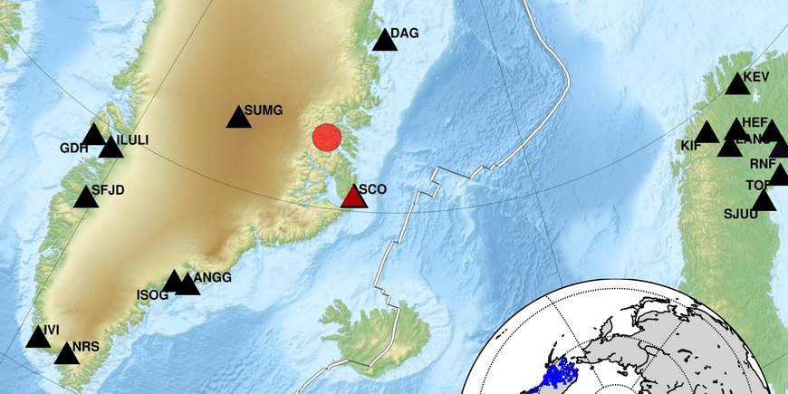 A map of Greenland and the Atlantic Ocean.