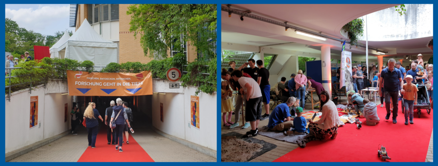 Left: Entrance to the underground car park, with red carpet. Right: Lots of people standing and sitting and experimenting with small robotic vehicles.