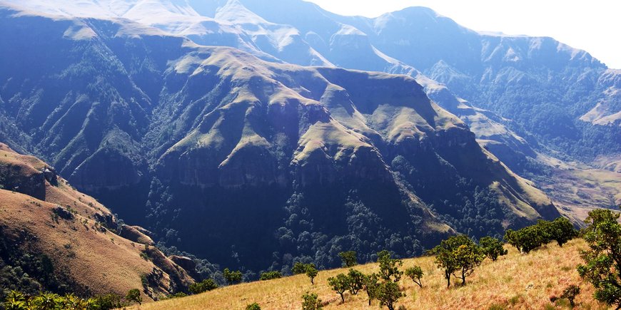 Landscape, brownish grass in the foreground, landscape/mountains marked by erosion in the background