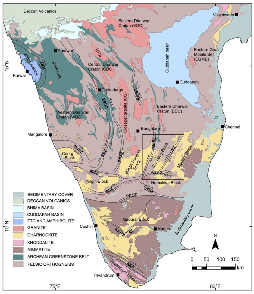 Regional geology and tectonic framework of southern India (after the Geological Survey of India). A box outlines the Shevaroy Block. KSZ- Kumta shear zone, CoSZ- Coorg shear zone, CSZ- Chitradurga shear zone, MeSZ- Mettur shear zone, NSZ- Nallamalai shear zone, MSZ- Moyar shear zone, SASZ- Salem-Attur shear zone; BSZ- Bhavani shear zone, CaSZ- Cauvery shear zone, PCSZ- Palghat-Cauvery shear zone; ASZ- Achankoil shear zone, WDC- Western Dharwar craton, EDC- Eastern Dharwar craton, BR- Biligiri-Rangan.