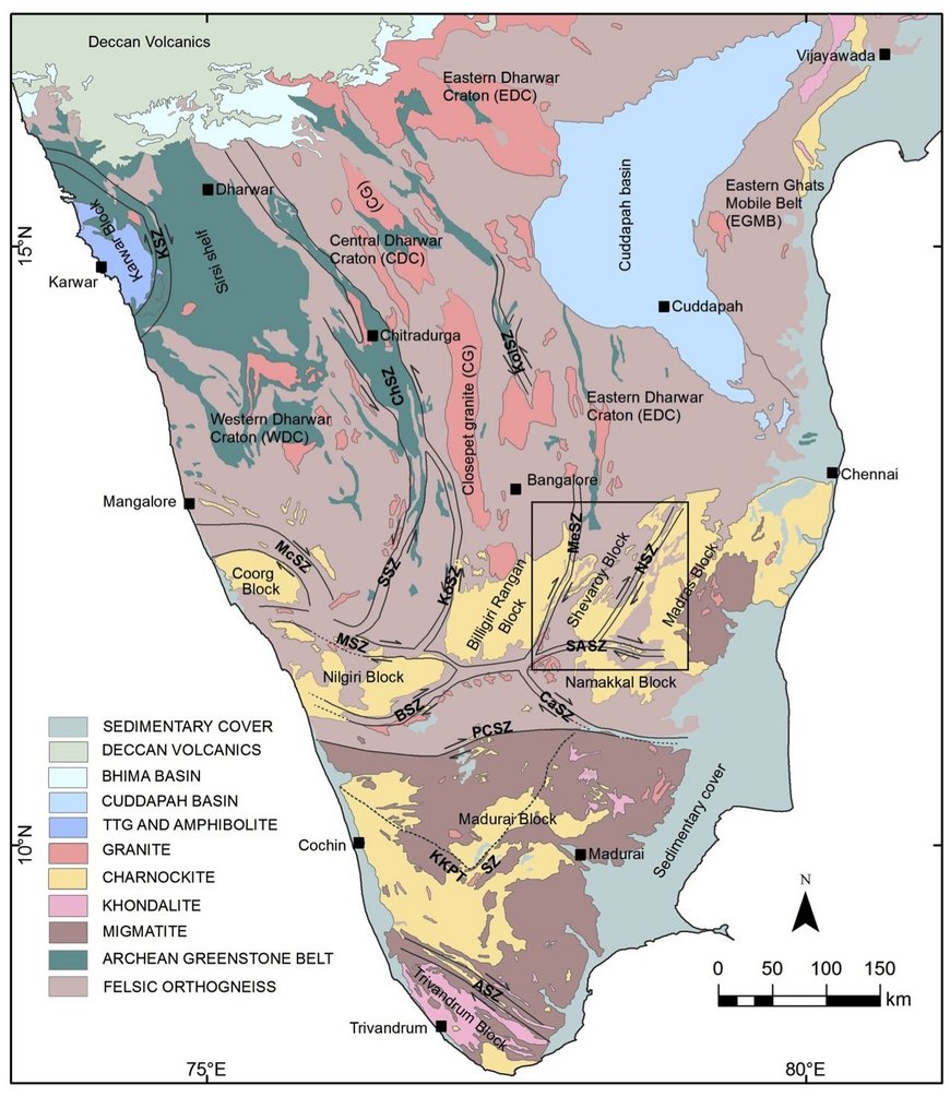 Regionale Geologie und tektonischer Rahmen von Südindien (nach "Geological Survey of India"). Das Viereck umreißt den Shevaroy-Block. KSZ- Kumta-Scherzone, CoSZ- Coorg-Scherzone, CSZ- Chitradurga-Scherzone, MeSZ- Mettur-Scherzone, NSZ- Nallamalai-Scherzone, MSZ- Moyar-Scherzone, SASZ- Salem-Attur-Scherzone; BSZ- Bhavani-Scherzone, CaSZ- Cauvery-Scherzone, PCSZ- Palghat-Cauvery-Scherzone; ASZ- Achankoil-Scherzone, WDC- Westlicher Dharwar-Kraton, EDC- Östlicher Dharwar-Kraton, BR- Biligiri-Rangan.