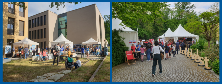 Left: People standing in front of buildings. Right: People in front of exhibition tents.