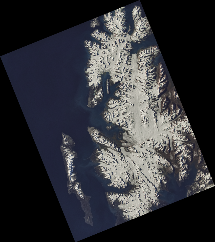 The image shows a geographically corrected (rotated) picture taken by the satellite TUBIN from the western part of Spitsbergen (6.7.2023 ~17:31 UTC). The satellite receiving station Ny-Ålesund (NYA), which among others receives TUBIN-pictures like this one, is located roughly in the center of the image.