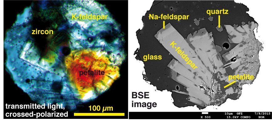 Pegmatitic texture developed by crystallization of a haplogranitic melt with added Li2O, B2O3 and H2O after 113 hours at 600°C, 180 MPa and 72 hours at 550°C, 150 MPa in the sample chamber of a hydrothermal diamond-anvil cell.