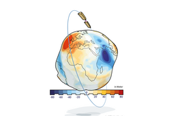 Künstlerische Darstellung der Doppelpaar-Mission GRACE-C, die die Erde, dargestellt als Geoid, umkreisen