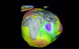 The GRACE satellites above the "Potsdam potato", a visualisation of the Earth's gravity field.