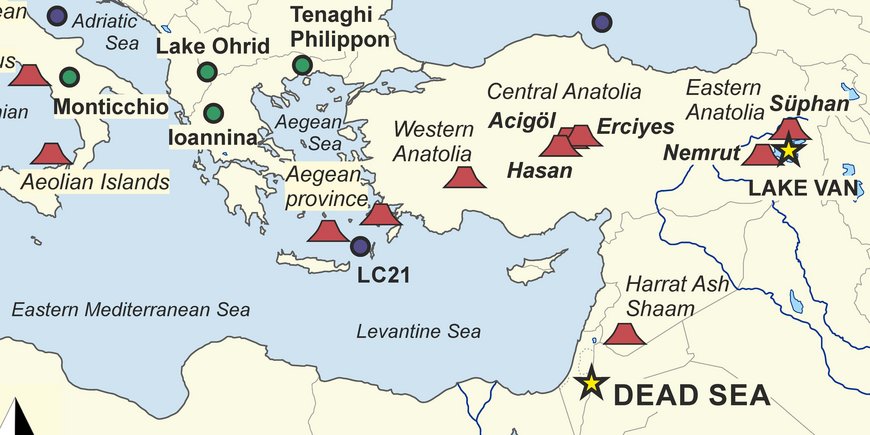 Distribution map of central and eastern Mediter¬ranean volcanic provinces and selected palaeoenvironmental sediment records with late Quaternary tephrochronolo¬gies. ICDP sediment cores from the Dead Sea and Lake Van are marked with yellow stars.