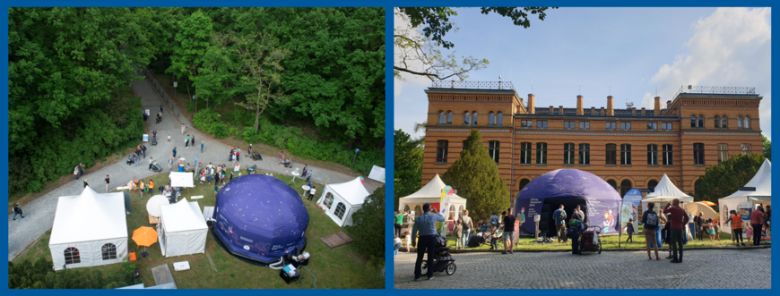 Two views of the inflatable planetarium dome: from above and in front of the Historical Library building.