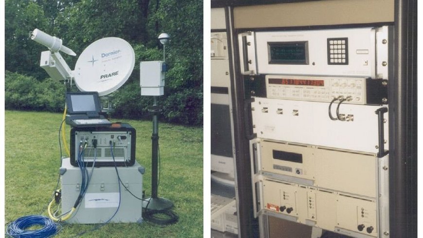 The picture on the left shows components of a PRARE ground station. The picture on the right shows the PRARE time system for determining the clock parameters of the PRARE space segment.