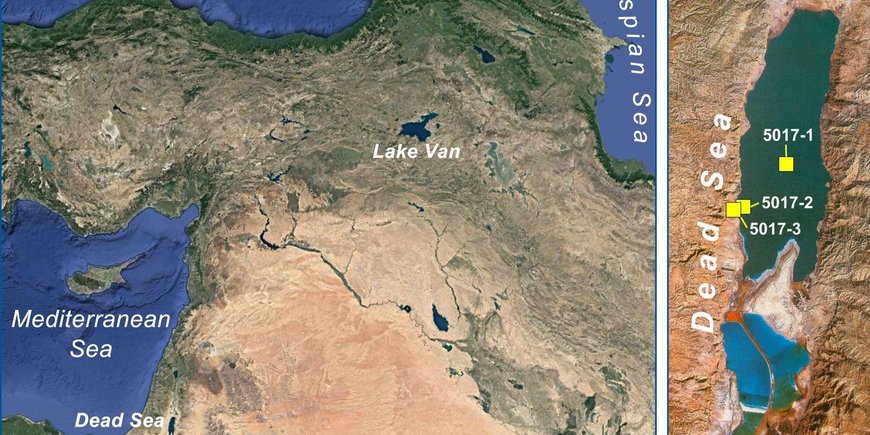 Location Dead Sea and Lake Van (left) and sediment core locations of the ICDP drilling project DSDDP (Dead Sea).