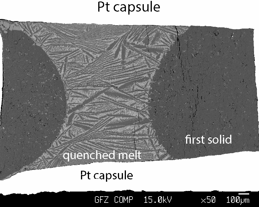 BSE Bild eines Schnitts durch eine Kapsel (Pt - weiß im Bild) mit der Probe des Versuchs MA490. Man sieht deutlich die Spinifex-Textur der Schmelze in der Mitte und die dunkleren Magnesitkristalle (Erstkristallisate) rechts und links davon.