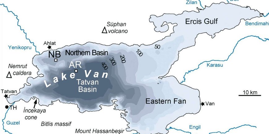 Bathymetric map of Lake Van (1648 m a.s.l.) with the ICDP PALEOVAN drill sites in the Northern Basin (NB, 5034-1) and at Ahlat Ridge (AR, 5034-2), location of the volcanoes Nemrut and Süphan adjacent to the lake.